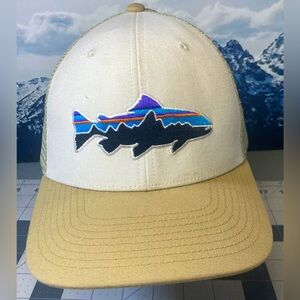 Patagonia Fitz Roy Trout Logo Snapback Trucker Hat Cap In Beige Hike Camp